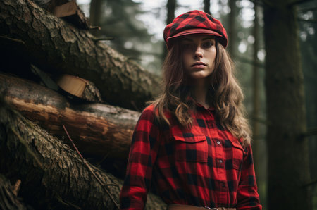 Determined Lumberjack woman forest. People face. Generate Aiの素材