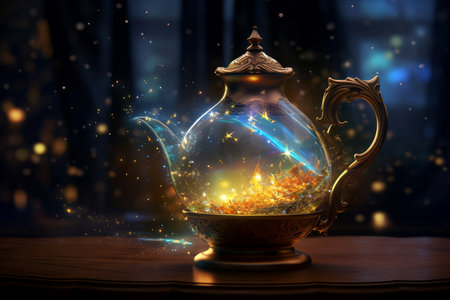 Ancient Magic lamp. Golden dream light. Generate Aiの素材