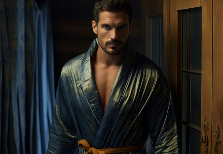 Fluffy Man bath robe. Home male shower. Generate Aiの素材