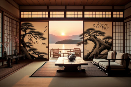 Timeless Traditional Japanese decorated room. Oriental furnished indoor house with traditional elements. Generate aiの素材