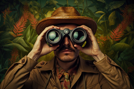 Focused Man carefully look binoculars. Careful spy discover handsome male. Generate Aiの素材