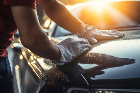 Dedicated Man washing car headlight with rag closeup. Vehicle waxing shiny clean care. Generate Aiの素材