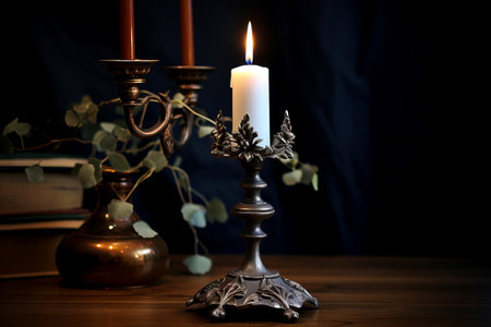 Metallic Metal vintage candlestick. Metal decorative art holder. Generate Aiの素材