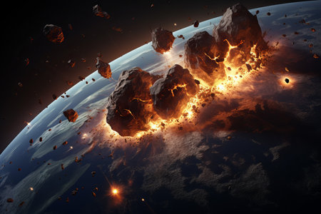 Cataclysmic Meteors hit earth. Hit explosion globe. Generate Aiの素材