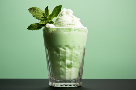Vibrant Mint leaves on milkshake glasses. Sweet dairy party dessert. Generate Aiの素材