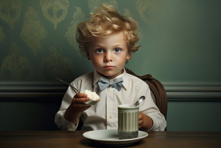 Convenient Little boy yogurt. Milk breakfast little kid meal. Generate Aiの素材