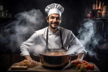 Efficient Male kitchen chef. Gourmet restaurant chef in white uniform. Generate aiの素材