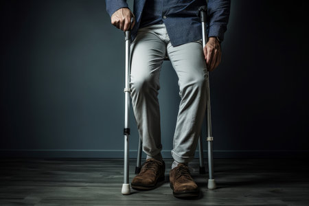 Resilient Man injured leg using crutches. Foot care support hospital patient. Generate Aiの素材