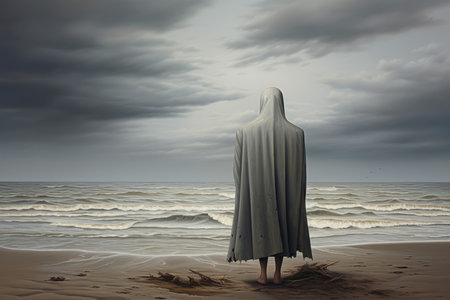 Contemplative Man sea walk. Person alone. Generate Aiの素材