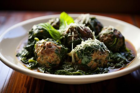 Leafy Mountains spinach meatballs. Delicious healthy natural gourmet dish. Generate aiの素材