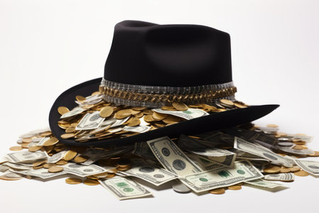 Prosperous Musician hat with money isolated on white background. Need poverty loan note. Generate Aiの素材