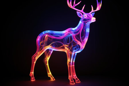 Glowing Neon light deer. Street night urban. Generate Aiの素材