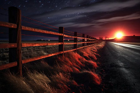 Secluded Night road alley fence. Scene fog. Generate Aiの素材