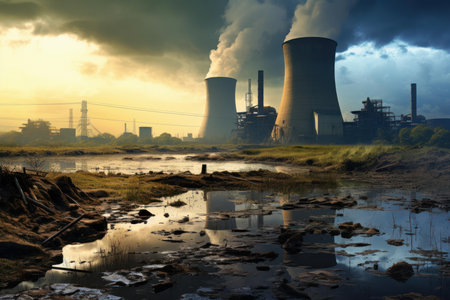 Innovative Nuclear power plant industry. Ecology steam electric building station. Generate Aiの素材