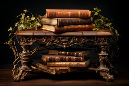 Varnished Ancient old book table. Story secret. Generate Aiの素材