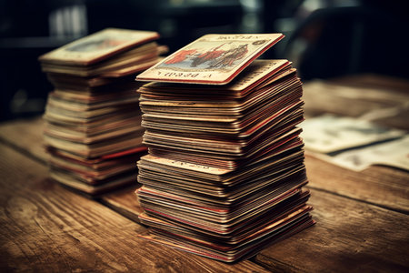 Collectible Old retro cards stack. Art paper retro blank dirty album. Generate Aiの素材