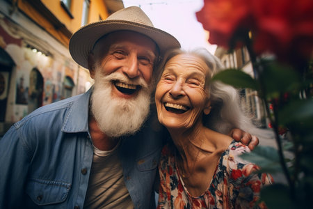 Nostalgic Senior old couple selfie. Female care. Generate Aiの素材