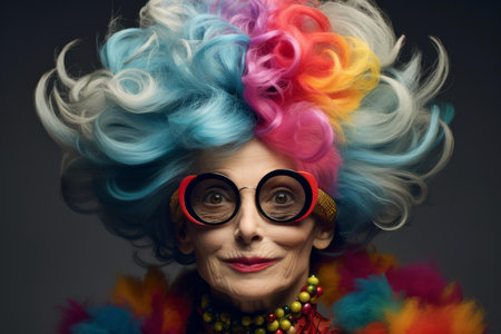 Trendy Old lady colored hair. Face fun wavy. Fictional person. Generate Aiの素材