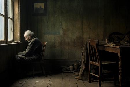 Hopeful old man sitting alone in front of the door. Home room. Generate Aiの素材