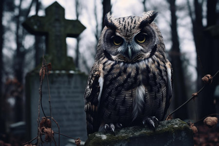 Solemn Owl sitting on cemetery stone tomb. Brown wild predator bird in graveyard. Generate aiの素材