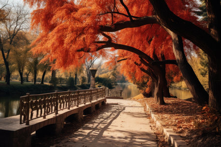 Panoramic autumn park with benches. Outdoor yellow fall autumnal parkland. Generate aiの素材