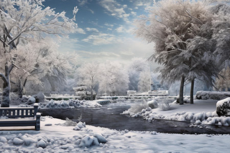 Undisturbed Panoramic winter park snow landscape. Winter season travel sunny day. Generate Aiの素材