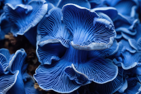 Intriguing Blue mushroom closeup background. Water glow. Generate Aiの素材