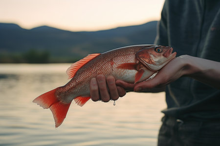 Person at river holding caught fish. Fisherman shows catch prey on riverside. Generate aiの素材