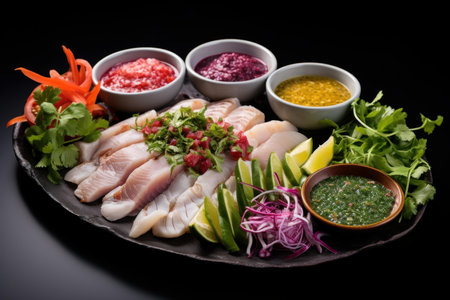Peruvian ceviche platter. Citrusy seafood dish with marinated raw fish. Generate aiの素材