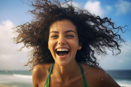 Cheerful Happy Brazilian girl in kindergarten. Playful little kid in positive mood. Generate aiの素材