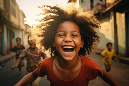 Vivacious Happy Brazilian girl in kindergarten. Playful little kid in positive mood. Generate aiの素材