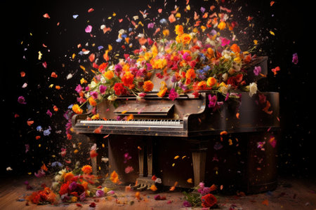 Flowers on piano. Floral celebration decoration. Generate Aiの素材