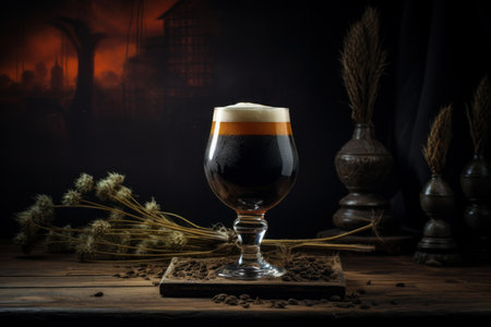Glossy Dark beer glass on wooden table. Water pint mug ale pub. Generate Aiの素材