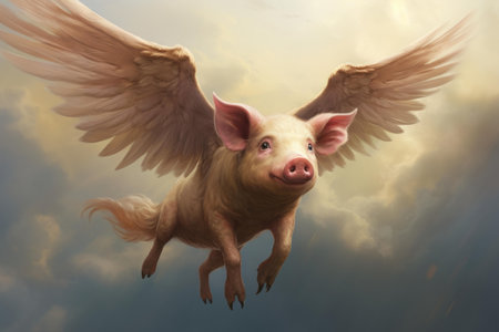 Imaginary Pig flying wings. Nature sky swine. Generate Aiの素材