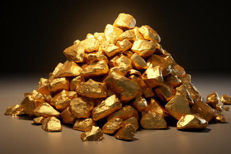 Valuable Pile of gold nuggets. Stack of pieces of golden ore material. Generate aiの素材