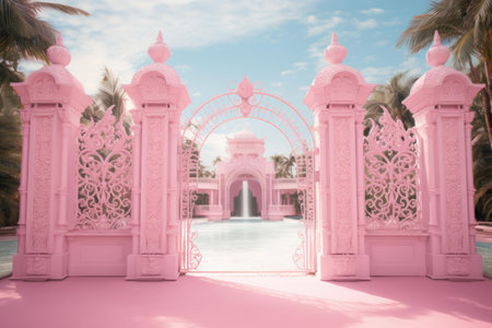 Mystical Pink gates paradise. Floral tree party wedding love. Generate Aiの素材