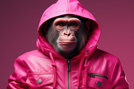 Pink monkey. Funny character in jacket. Generate Aiの素材
