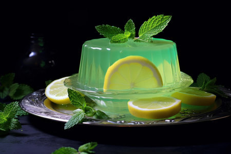 Plate of lemon jelly mint. Food fruit dessert fresh diet. Generate Aiの素材