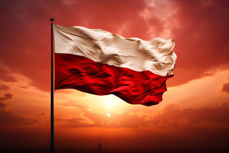 Polish flag fluttering on sunset background. Independence nation country flagpole emblem. Generate aiの素材