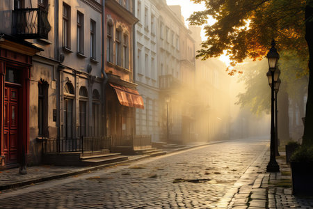 Historic Morning street with polish buildings architecture. Old cityscape urban colorful houses. Generate aiの素材