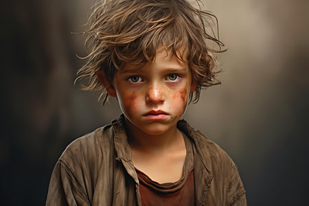 Despairing Poorness on child face. Desperate expression in child sad eyes. Generate aiの素材