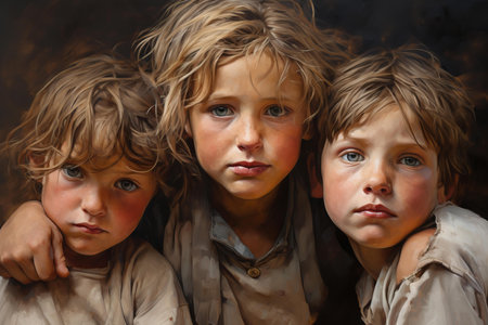 Heartbreaking Poorness on child face. Desperate expression in child sad eyes. Generate aiの素材
