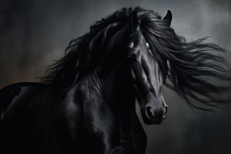 Majestic Black horse portrait. Animal studio beauty. Generate Aiの素材