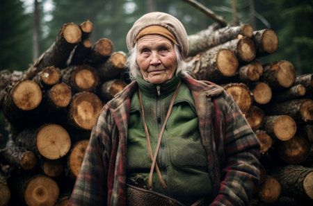 Strong-willed Lumberjack old woman forest. People face. Generate Aiの素材