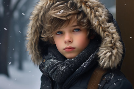 Vibrant Portrait of boy in blue winter clothes. Little child posing in warm clothing on breeze background. Generate aiの素材