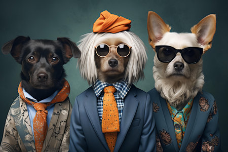 Positive dogs dressed modern. Outfit pet. Generate Aiの素材
