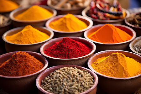 Diverse Colorful powder spices. Bowl cuisine. Generate Aiの素材