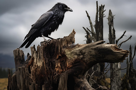 Raven on old stump. Nature avian fly beak forest. Generate Aiの素材