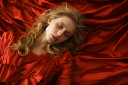 Woman red gold dressed. Girl face silk clothing costume. Generate Aiの素材