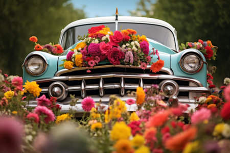 Retro blue rusty car near flowers. Antique design. Generate Aiの素材